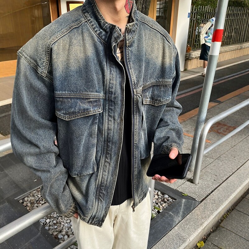 复古宽松大口袋立领牛仔外套