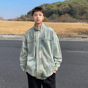 美式复古vintage牛仔外套男宽松立领水洗上衣春秋季潮牌休闲夹克