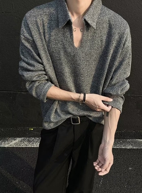 深灰色老钱风V领长袖T恤男款美式复古潮牌卫衣麦穗纹肌理感打底衫