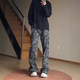 美式复古迷彩牛仔裤男款秋冬季军装伐木裤子潮牌显瘦直筒工装裤