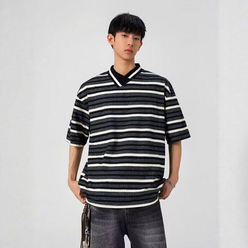 美式复古黑白条纹polo衫短袖男款