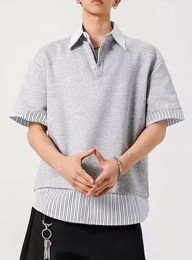 灰色设计感假两件条纹衬衫拼接T恤男女夏韩版潮牌polo领短袖上衣