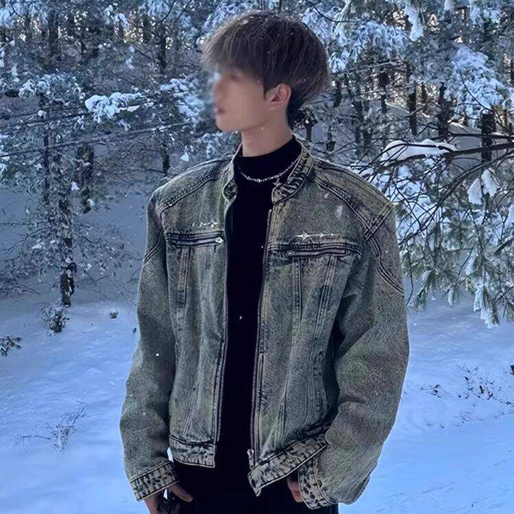 美式短款牛仔外套男款秋季高级感痞帅夹克潮牌欧美街头垫肩牛仔衣