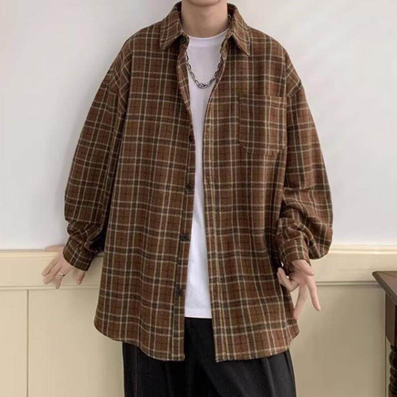 咖色日系复古条纹衬衫男高级感vintage格纹衬衣秋季穿搭美式外套