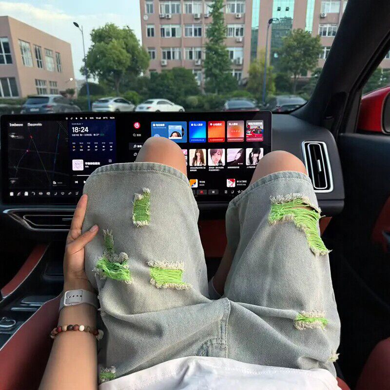 vibe绿色小众破洞牛仔短裤男夏季