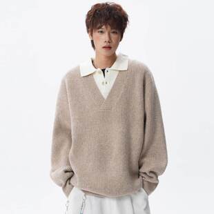 老钱风复古氛围感针织衫男冬季假两件衬衫领毛衣慵懒高级感针织衫