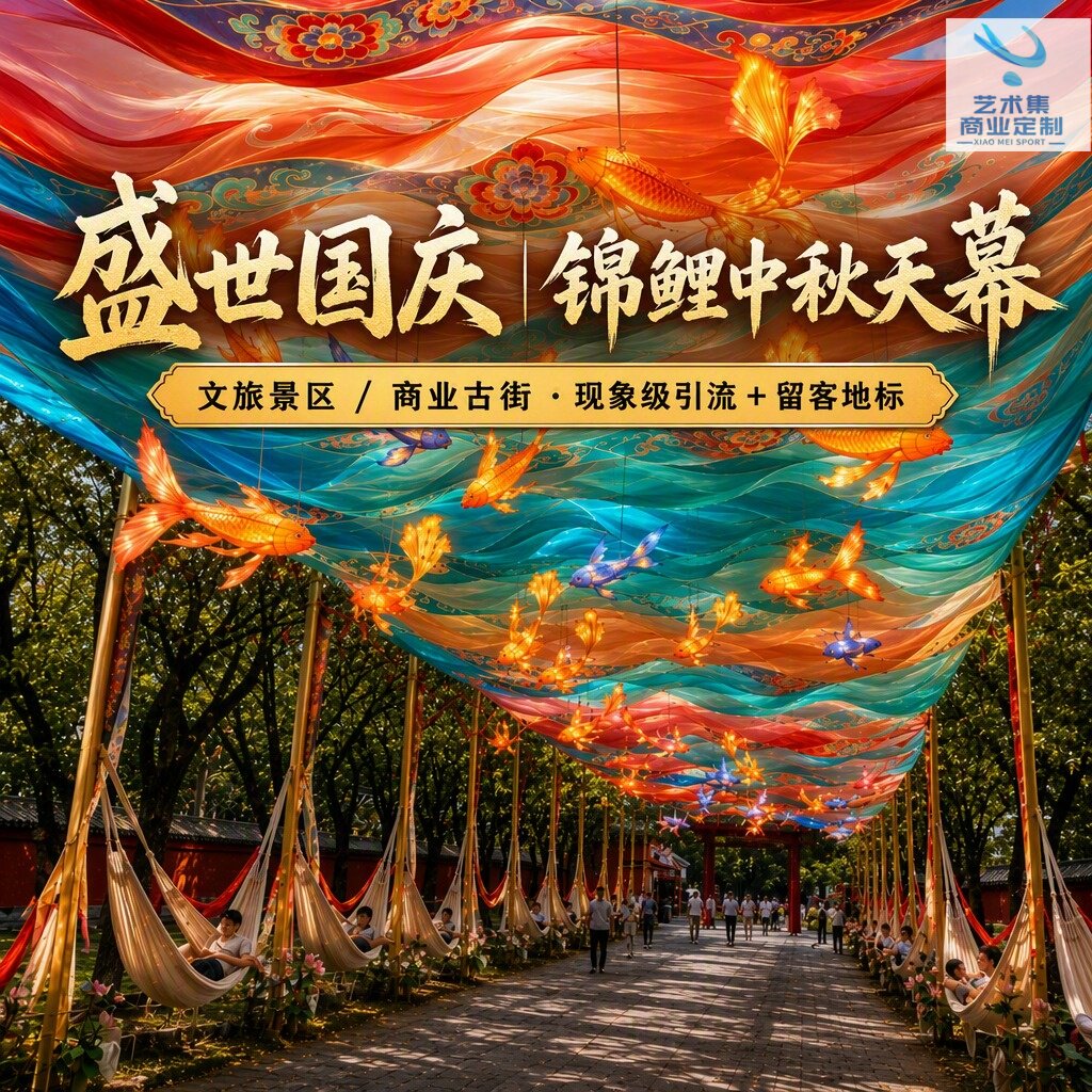大型户外文旅景区网红打卡发光锦鲤灯笼波浪布天幕吊顶美陈