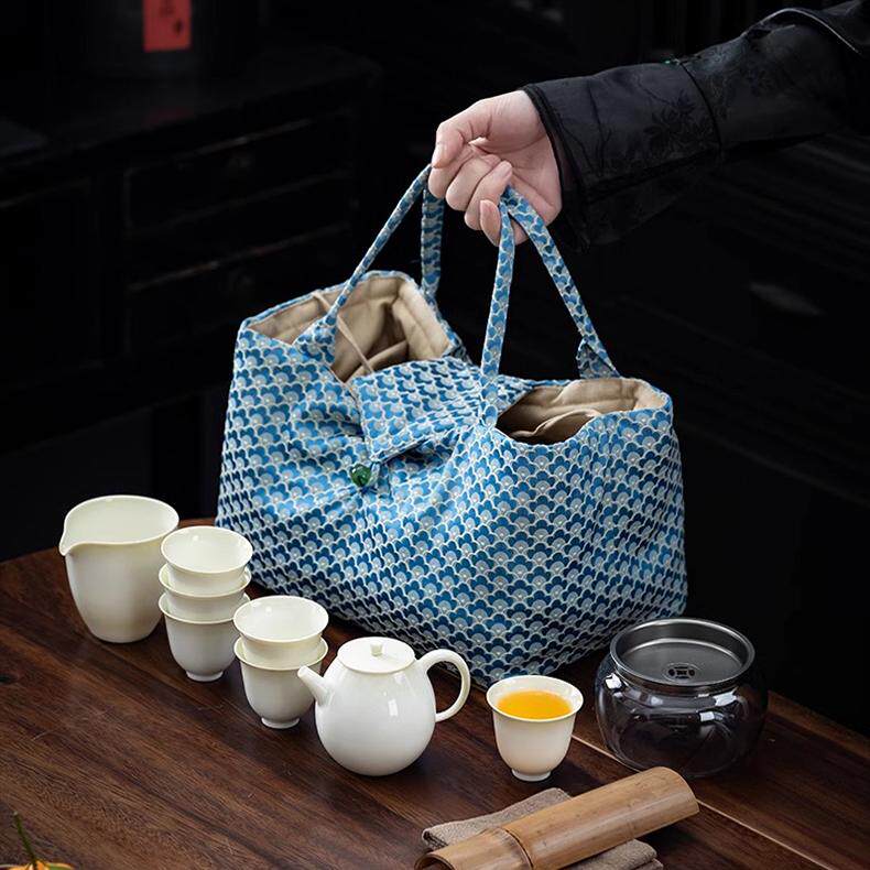 户外旅游便携式棉麻茶具一壶六杯保护收纳布袋包手提随身出门礼盒