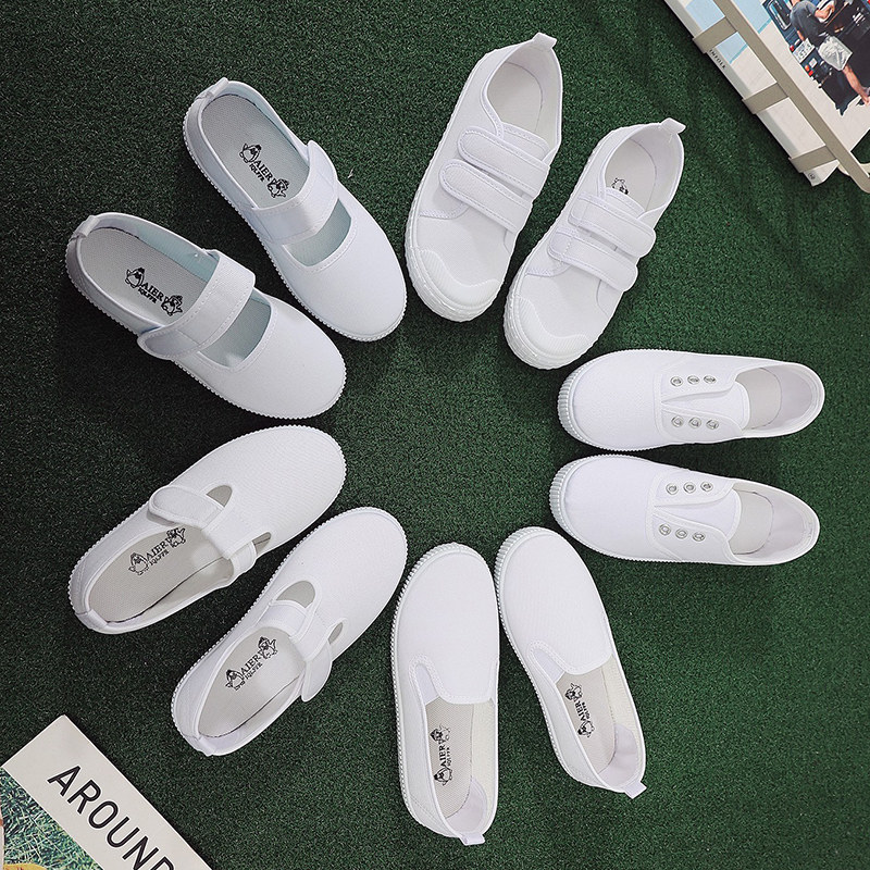 儿童小白鞋新款白色鞋子魔术贴系带软底板鞋女童演出舞蹈鞋帆布鞋