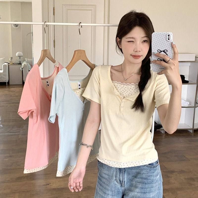 蕾丝碎花正肩短袖t恤女2025夏季新款假两件修身显瘦bm风短款上衣