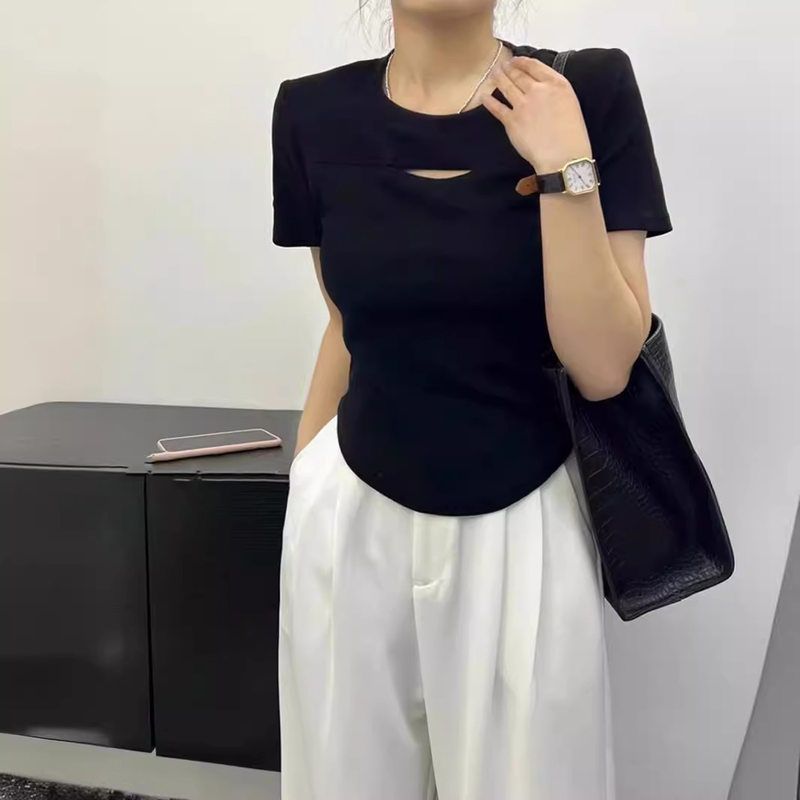 黑色镂空正肩短袖t恤女2024夏季新款不规则设计感小众短款上衣ins