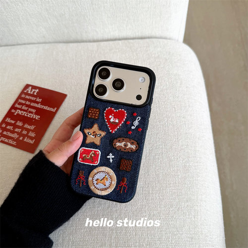 ins拼接小马牛仔刺绣手机壳