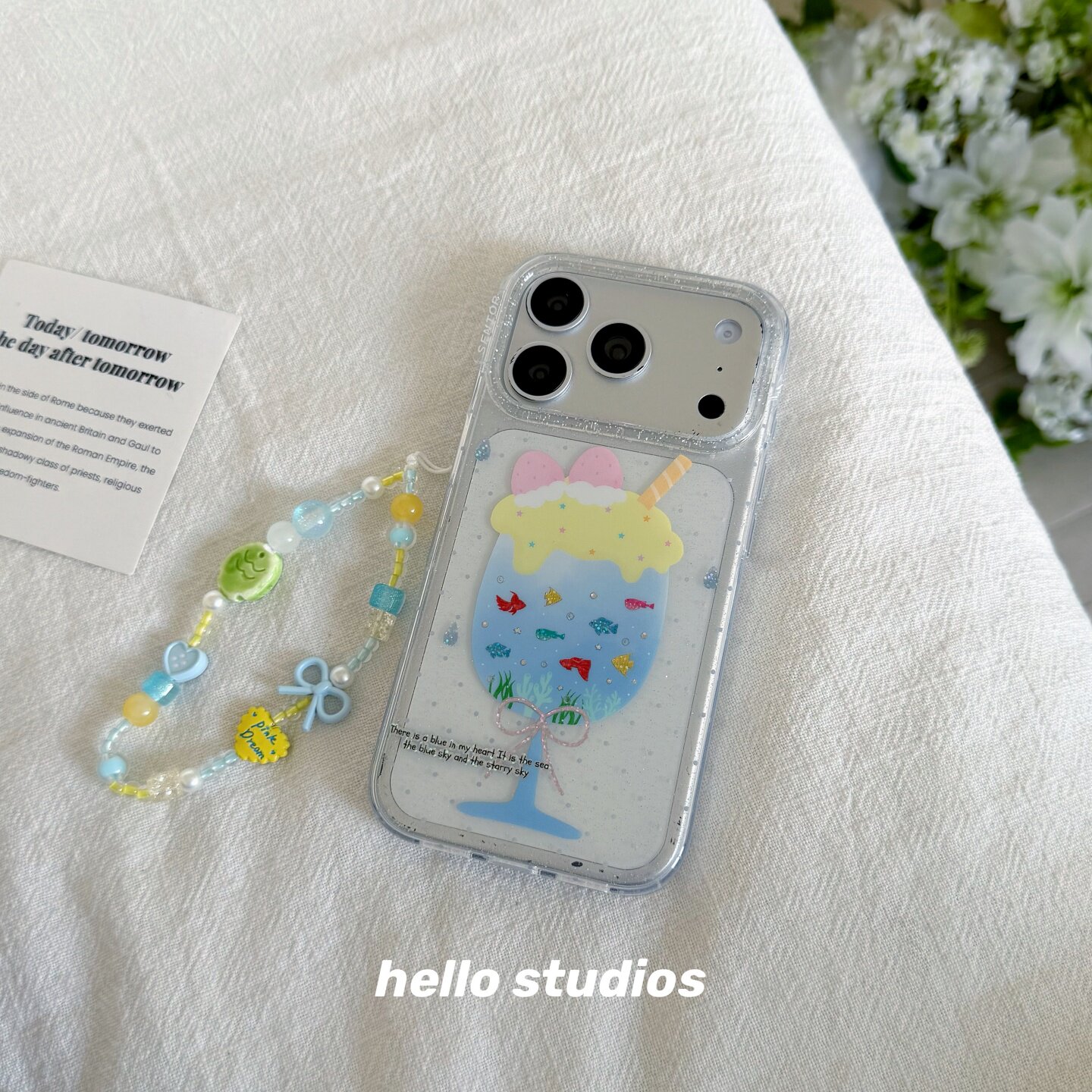 hello studios韩系蓝色杯子金鱼链条手机壳适用苹果17