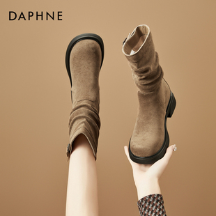 达芙妮堆堆靴2025年秋冬新款女款复古百搭粗跟弹力瘦瘦靴西部靴女