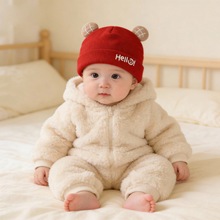 婴儿帽子0到3个月新生儿宝宝秋冬季保暖护耳厚胎帽洋气可爱红色帽