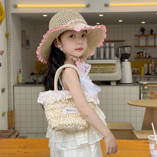 儿童草帽夏季大帽檐遮阳帽女孩女童韩版洋气海边太阳帽出游沙滩帽