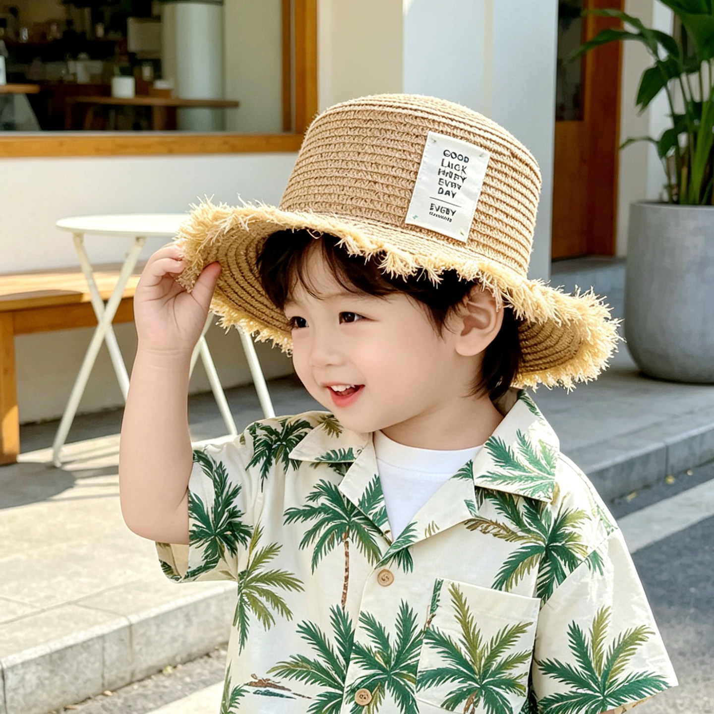 儿童帽子男孩遮阳防晒帽夏季大帽檐渔夫帽草帽宝宝户外沙滩太阳帽