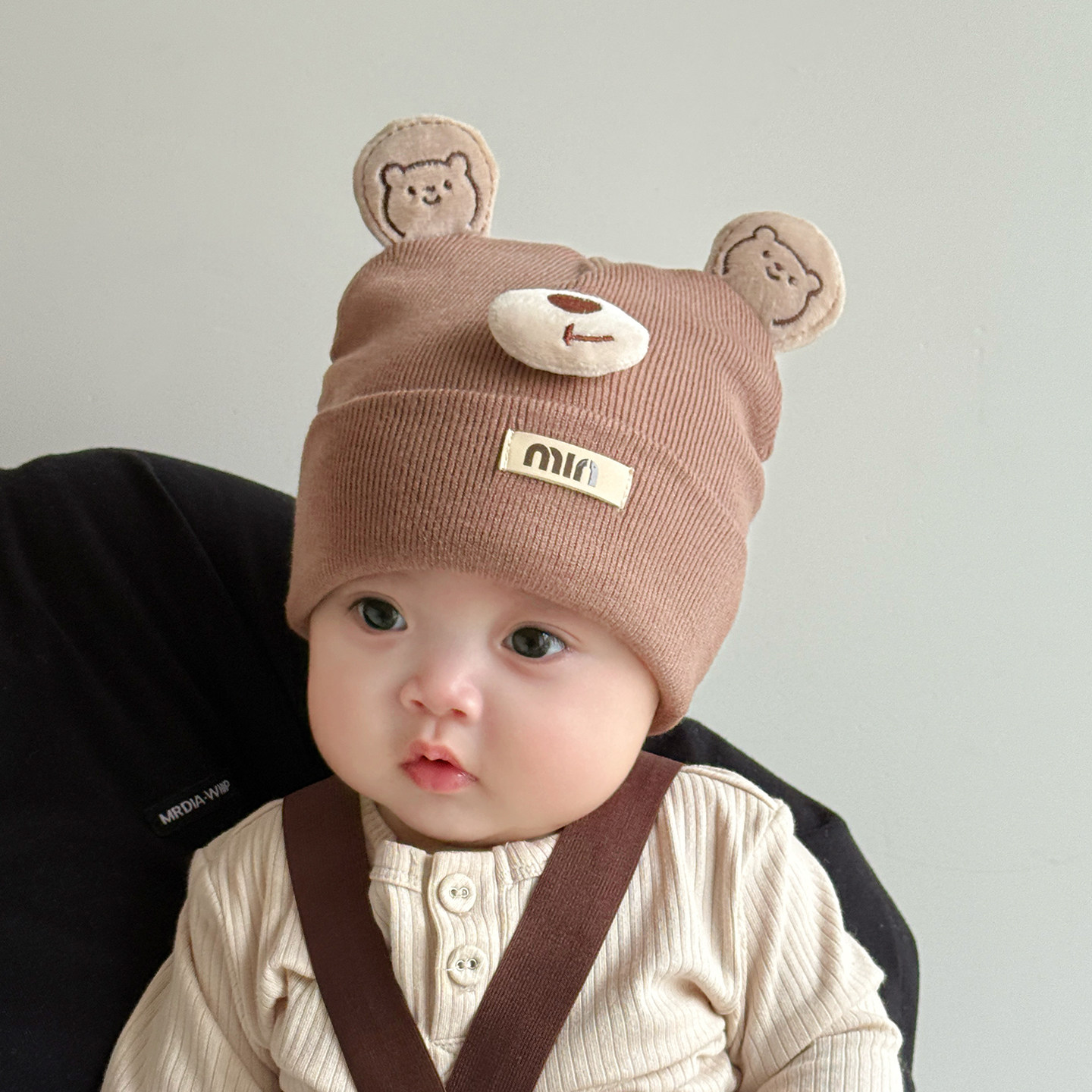 婴儿帽子0到3个月秋冬季宝宝针织帽保暖护耳毛线帽婴幼儿男宝洋气