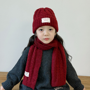 儿童帽子女孩2025新款冬季毛线帽围巾套装保暖护耳女童红色针织帽