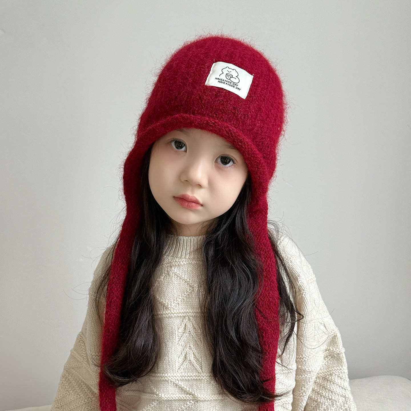 儿童毛线帽子秋冬季保暖护耳女孩户外防寒针织帽冬天女童红色洋气