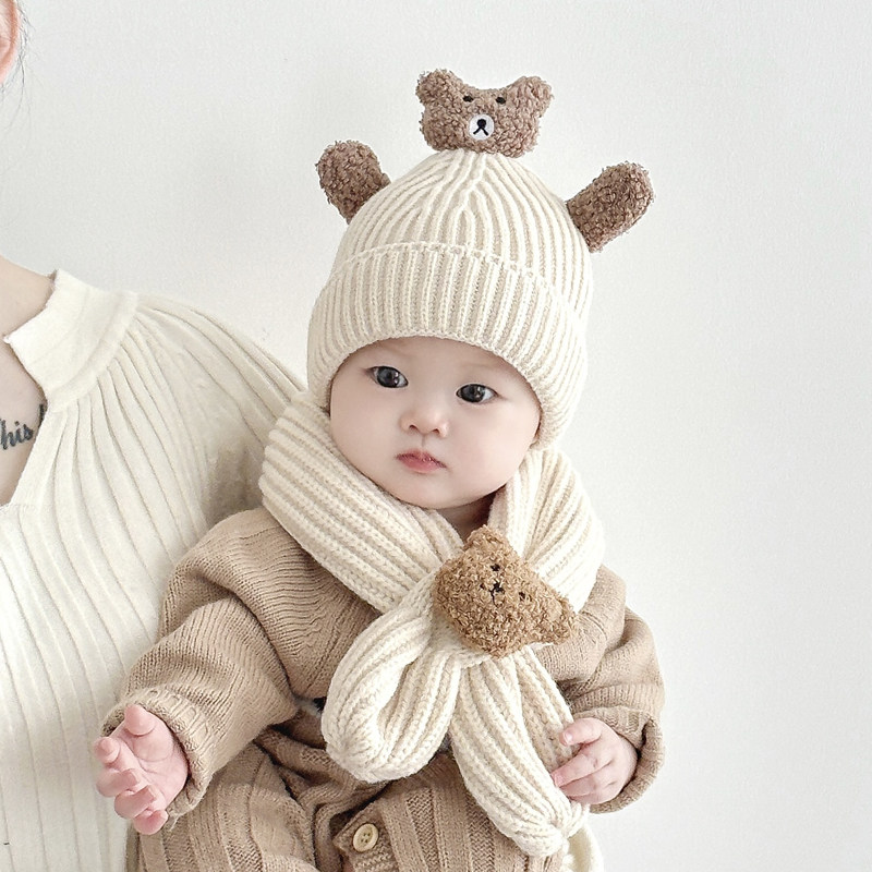 婴儿帽子秋冬季宝宝帽子围巾两件套毛线帽婴幼儿男宝外出针织帽