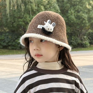 儿童帽子女孩2025新款渔夫帽秋冬季女童洋气甜美针织帽冬天盆帽潮