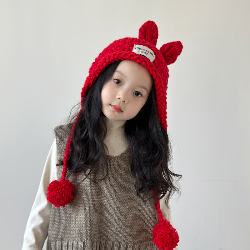 女童帽子2025新款冬季儿童毛线帽洋气可爱女孩针织帽红色秋冬季