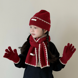 女童帽子2025新款毛线帽冬季儿童围巾手套三件套保暖女孩红色洋气