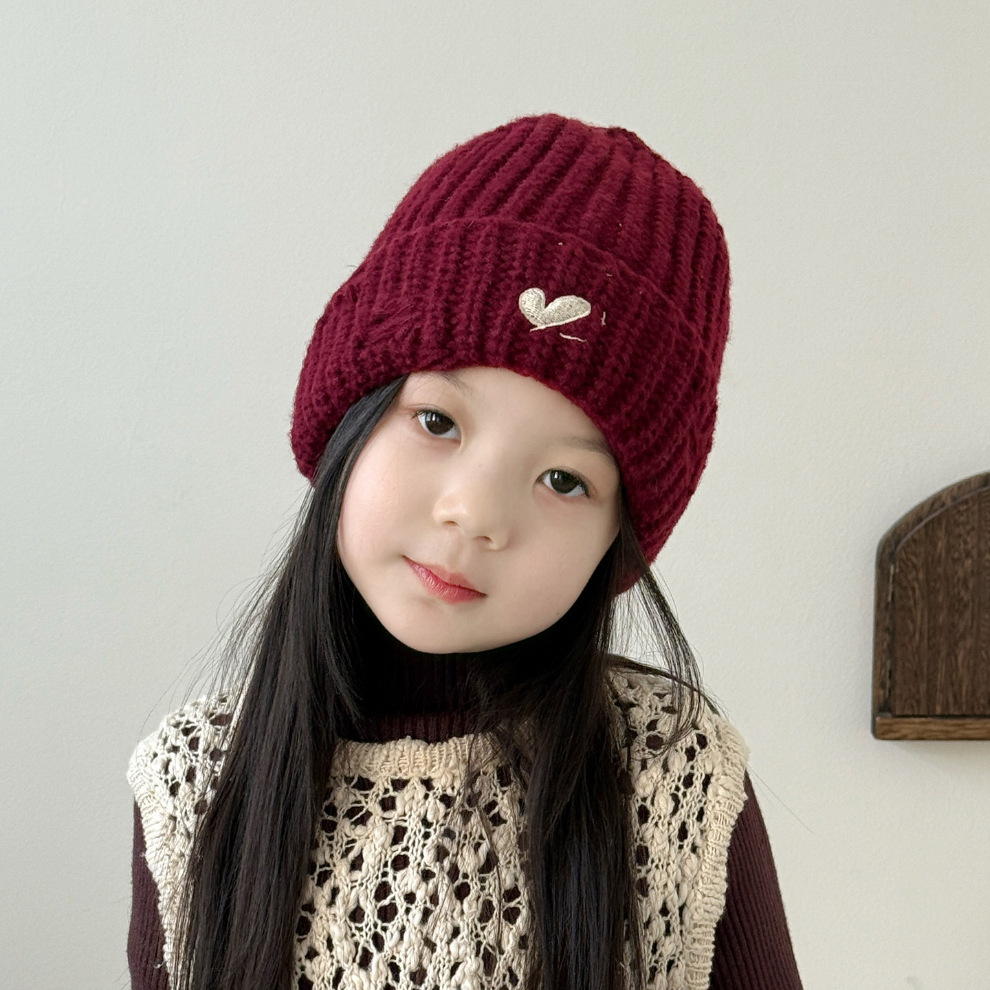 儿童帽子秋冬季女孩针织帽洋气保暖护耳女童毛线帽红色简约百搭冬