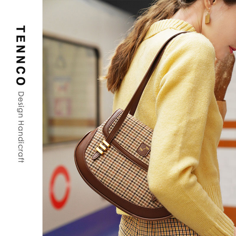 TENNCO原创「苏格兰包」2025春夏新款真皮女包帆布拼接牛皮腋下包