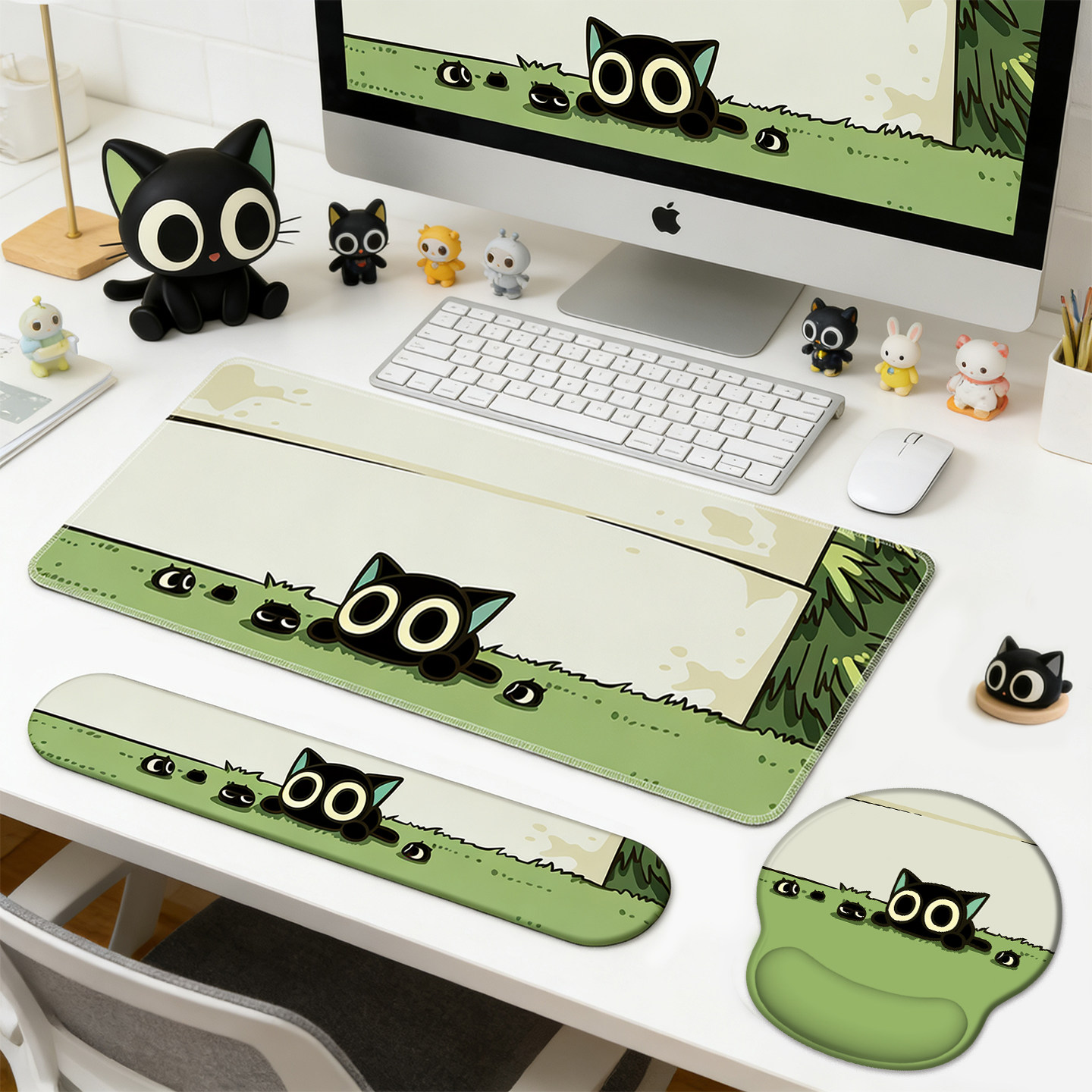 小黑猫可爱手托护腕鼠标垫一体超大女生硅胶腕托手腕键盘办公桌垫