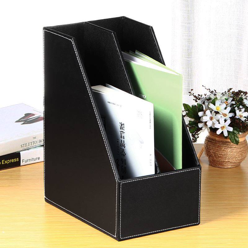 雅皮仕 创意皮革二栏资料整理框桌面储物座皮质办公用品文件架