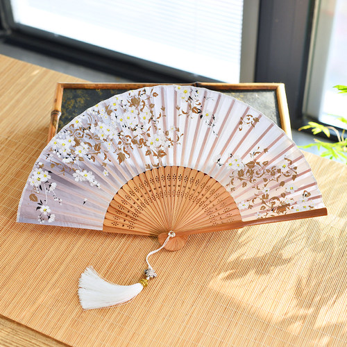 素雅印花绫绢竹樱花折扇古风配饰