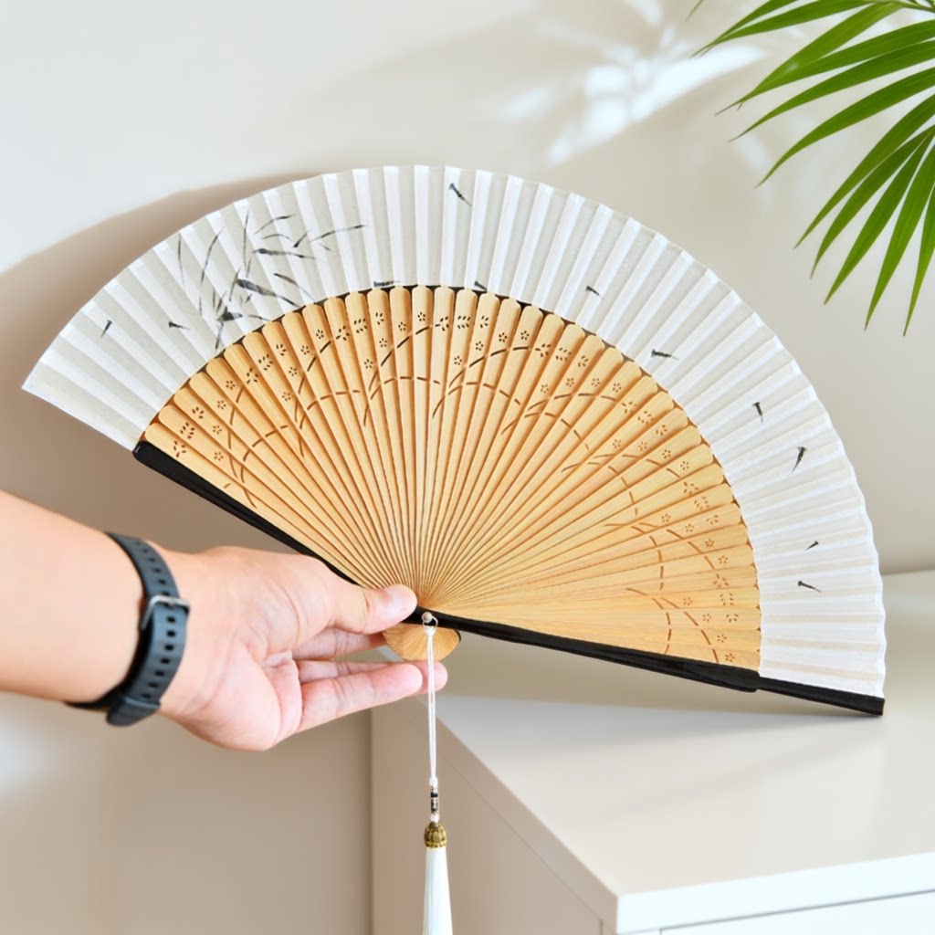 古风丝印图案绢布头青竹折扇图片