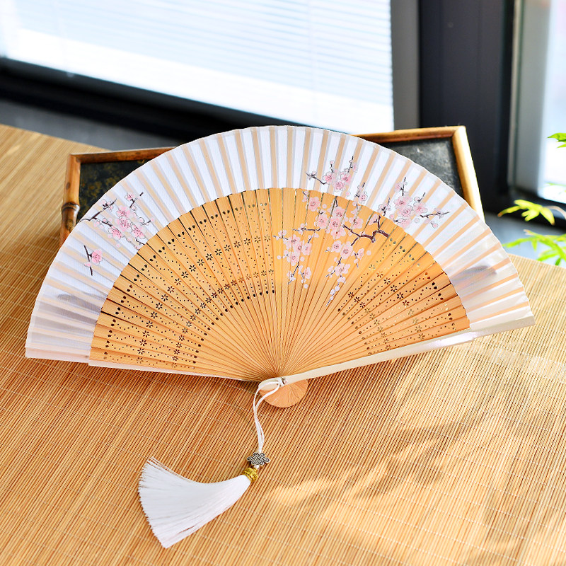 白色梅花素雅中国风折扇女式随身舞蹈汉服旗袍扇子竹制日式复古风