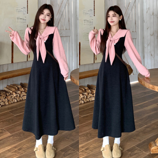 2025秋冬季 学院风粉拼黑厚针织毛衣面料氛围感显瘦长裙打底