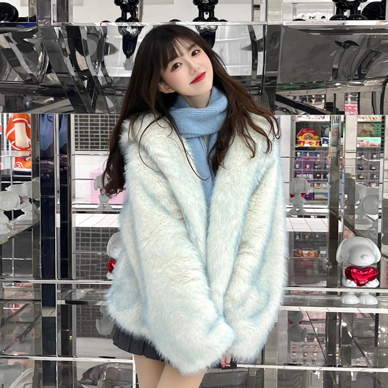 冬季新款渐变蓝仿狐狸毛皮草女环保毛毛大衣加厚保暖上衣外套