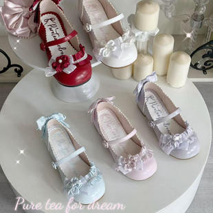 可爱优雅樱花蝴蝶结lo鞋 白茶入梦原创中跟圆头鞋 月下樱 定金