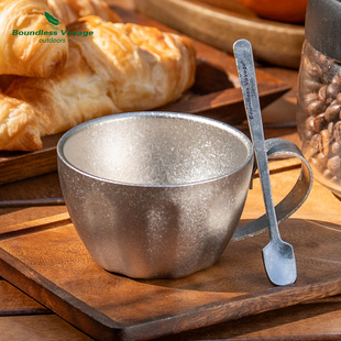 必唯纯钛咖啡杯120ml双层隔热钛杯便携水杯带搅拌勺轻量儿童水杯