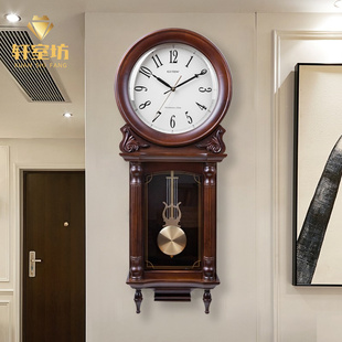 整点报时钟表客厅中式 实木挂钟欧式 复古大气家用石英钟怀旧挂墙表