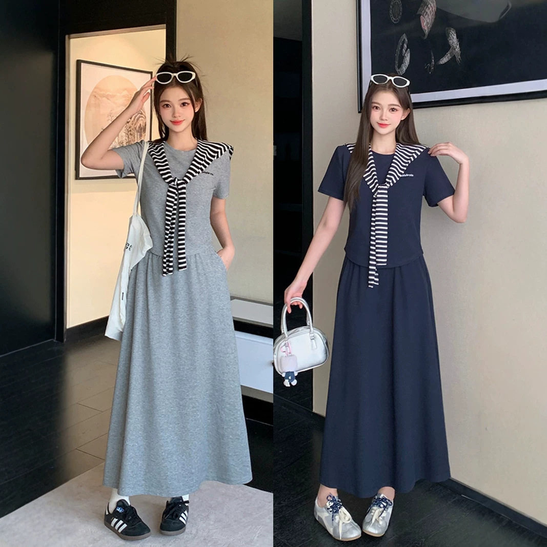 2026年夏装新款胖mm大码女休闲弧形短袖条纹披肩中长半身裙套装