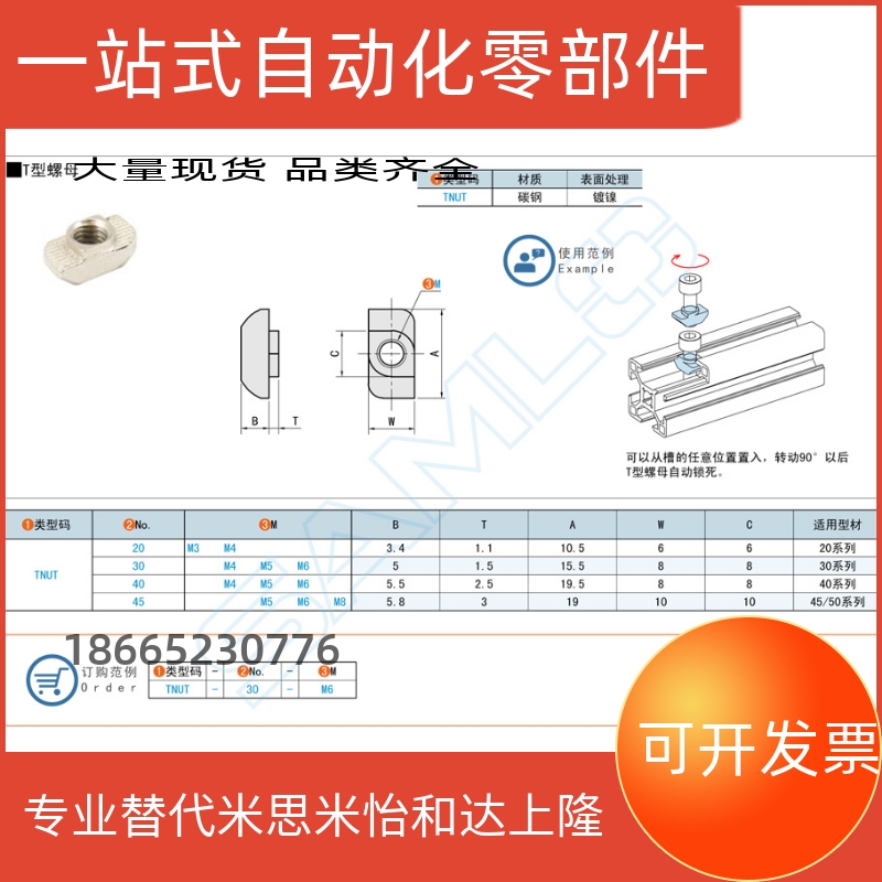 NUT-20/NUT-30/NUT-40/NUT-45-M3/M4/M5/M6/M8 T型螺母