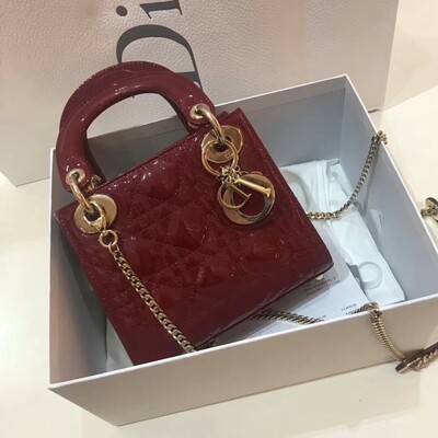 二手品女包迪奥三格漆皮mini酒红