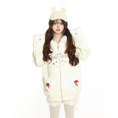 原创甜美毛领兔耳毛绒外套宅萌女