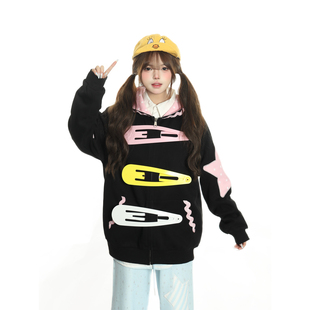 小杭还没吃饱原创美式星星大发夹外套女撞色设计上衣情侣帽衫潮