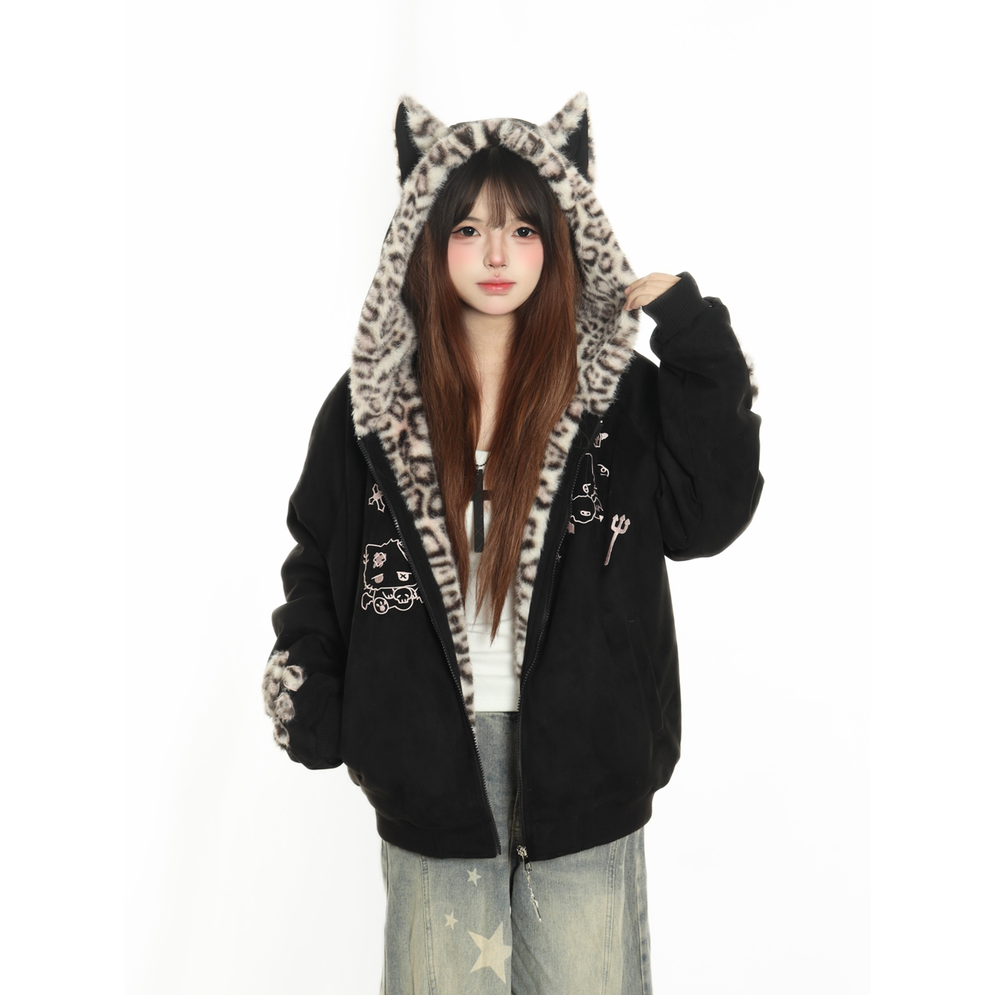 原创冬季甜酷豹纹座山雕棉服男女