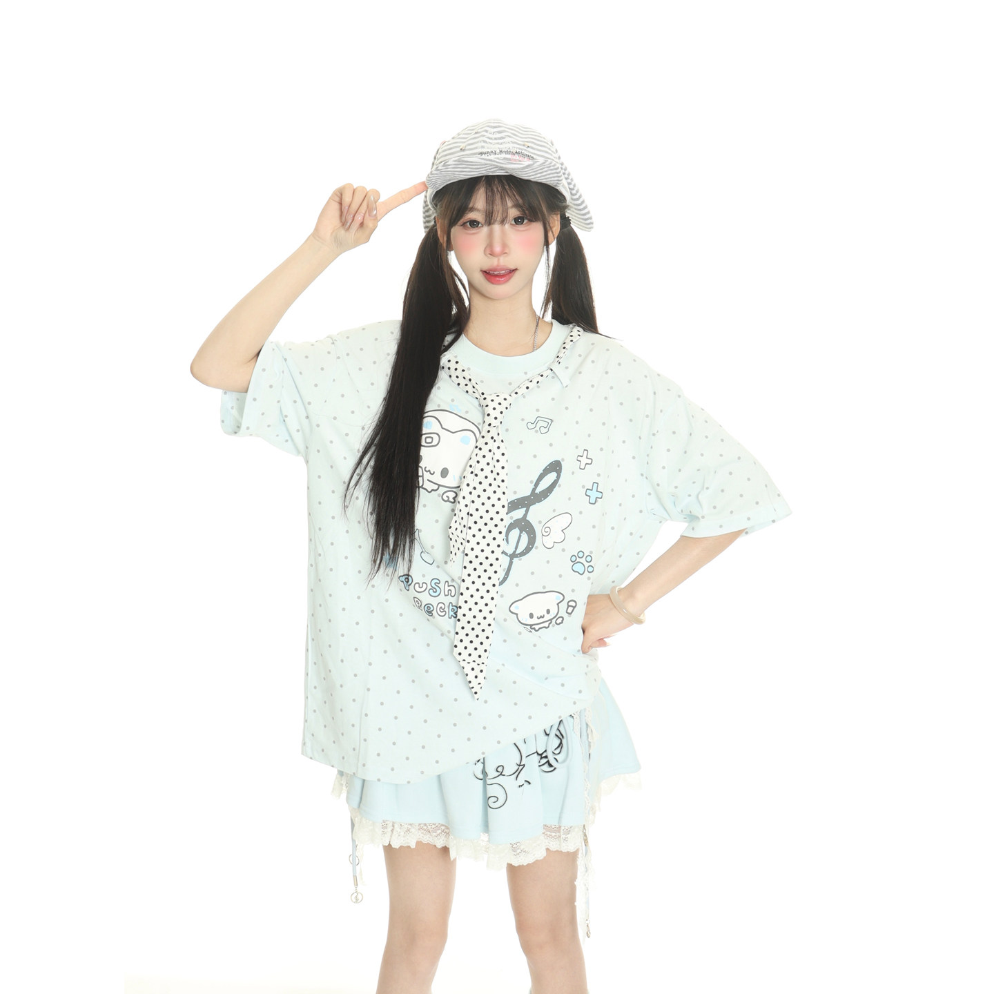 小杭还没吃饱原创宅萌卡通波点短袖女宽松假两件领带设计感上衣潮