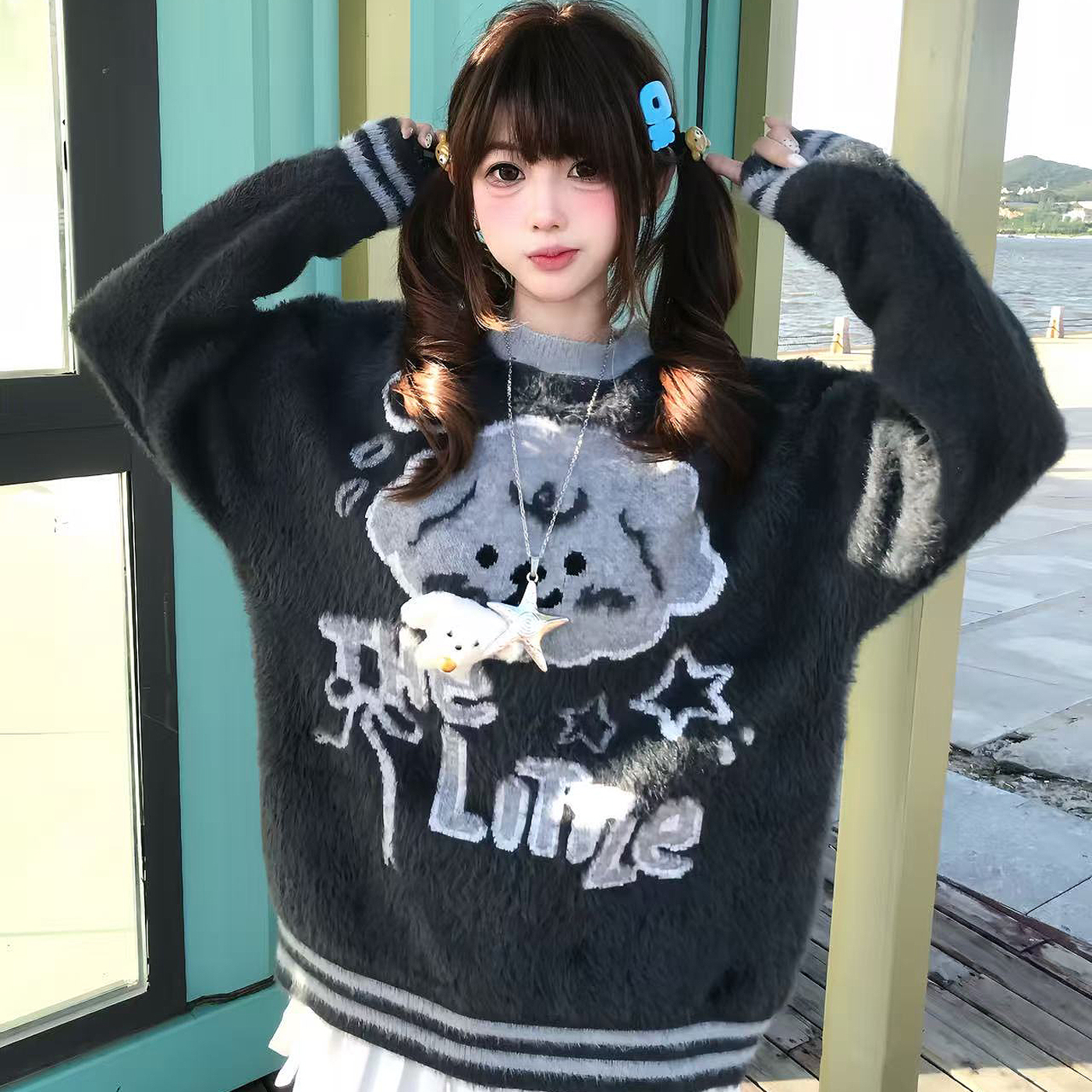 原创秋冬可爱小狗提花软糯毛衣女