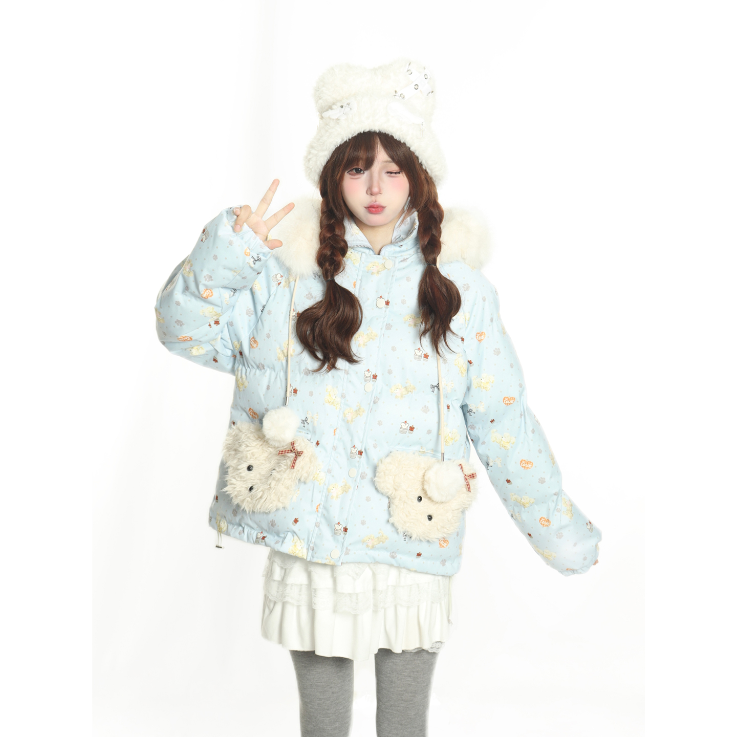 原创可爱波点小狗毛领连帽棉服女