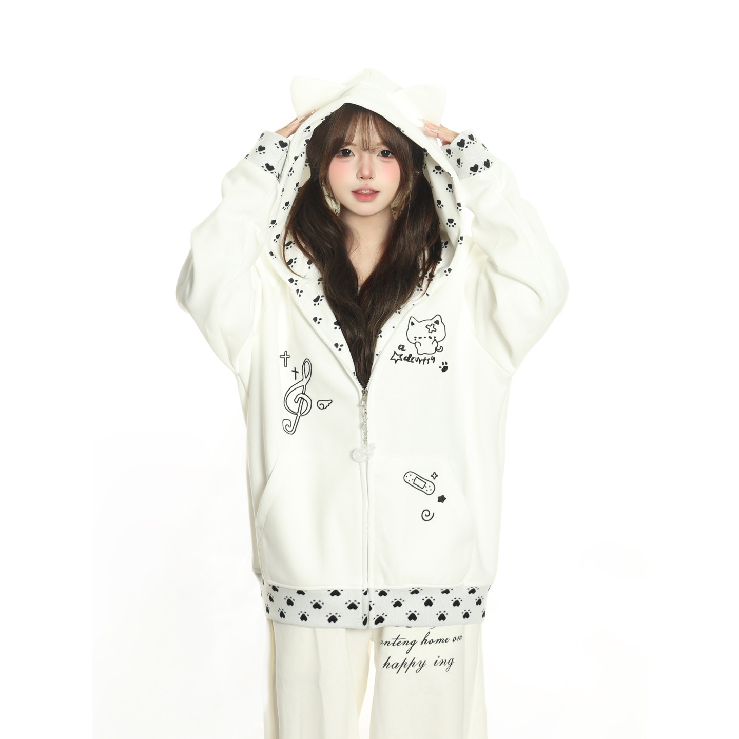 小杭还没吃饱原创甜美撞色猫咪刺绣外套女宽松连帽情侣开衫卫衣潮